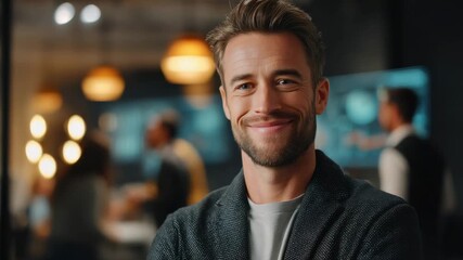 Man smiles confidently in office setting while colleagues work on computers in background during busy day