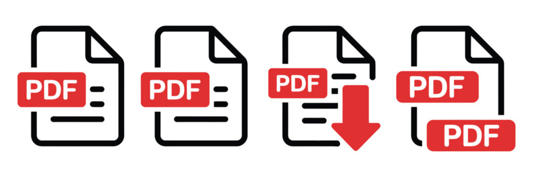 PDF File Format Icons Set, Clean Vector Illustration of Download Symbols and Document Indicators for Texts, Images, Videos, Interactive Forms, and Digital Interface Designs