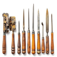 Vintage antique tools collection set old metal wood craft repair equipment instruments on white background