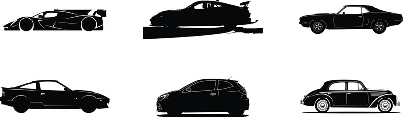 Collection of silhouetted classic and modern cars on a white background