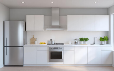Fototapeta premium Modern minimalist white kitchen interior design with stainless steel appliances featuring refrigerator oven and range hood creates bright clean atmosphere feeling spacious peaceful and organized
