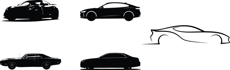 Collection of black car silhouettes and sketches on white background