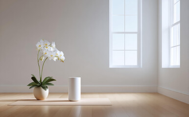 Minimalist white room featuring white orchid pot and air purifier on floor mat basking in bright natural light from window expressing calm peaceful atmosphere