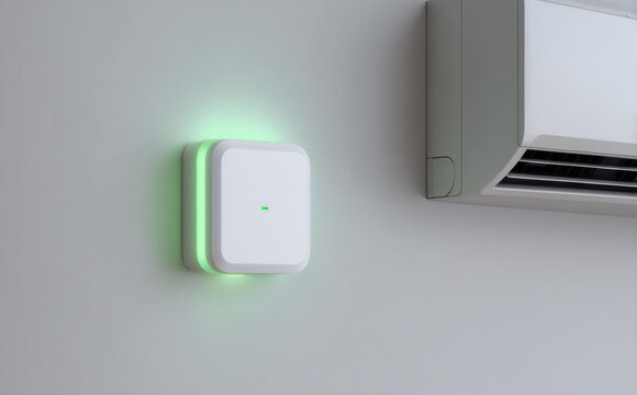 White smart home automation device mounted wall with green light indicator controlling air conditioner for energy efficiency and cooling comfort modern living room showing eco friendly lifestyle - Powered by Adobe