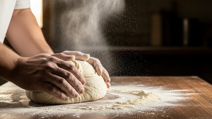 Close up of hands kneading dough on a wooden table with flour dust in the air.