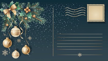 A beautifully decorated Christmas airmail postcard design with a dedicated stamp area and luxurious golden ornaments.