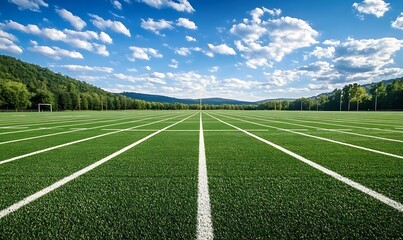 Football field with artificial turf and clear sky on sunny summer day outdoors