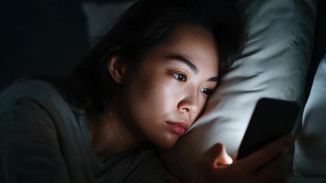 Person uses phone late at night while lying in bed and looking at the screen in a dark room