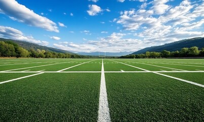 Obraz premium American football field with mountains in background on bright sunny summer day