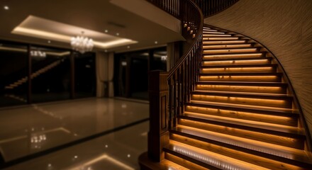 Obraz premium Elegant spiral staircase with subtle glowing lights in luxury residence