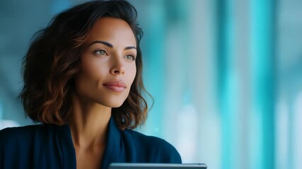 A serene professional woman practices mindfulness and relaxation during a busy workday in a contemporary office. Her tranquil expression highlights the importance of mental wellness at work