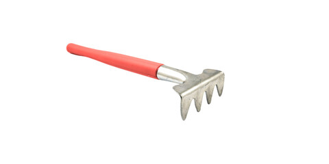 Small Garden Rake with Red Handle for Weeding in Flowerbeds