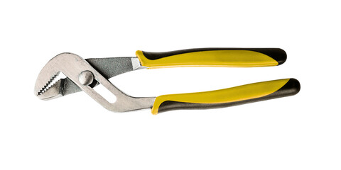 Silver plumbing pliers tool with black and yellow handles for repair work