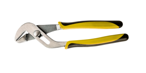 Silver plumbing pliers tool with black and yellow handles for repair work