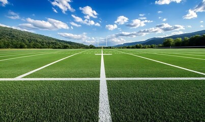 Wide angle view of empty green american football field under bright blue sky