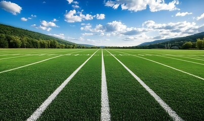 Obraz premium Green american football field with white yard lines extending into distance