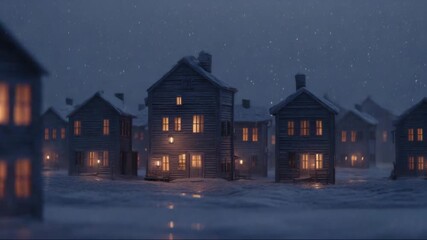 Cozy houses in snowy winter landscape at night with warm lights - Powered by Adobe