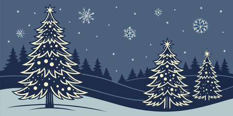 Christmas trees standing in the snow, decorated with white stars, beneath a breathtaking night sky with one large, brilliant star.