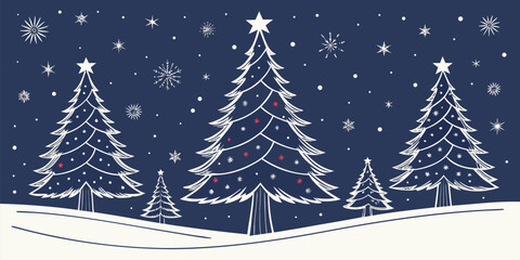 Three decorated Christmas trees in a snow-covered field, surrounded by a starry night sky with one shining large star.