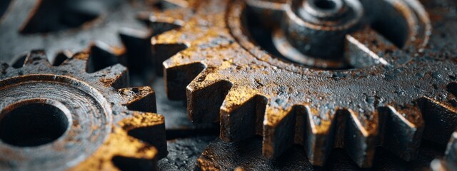 Detailed Macro Shot of Interlocking Steel Gears with Rust Coating and Textured Surface for Industrial and Mechanical Themes