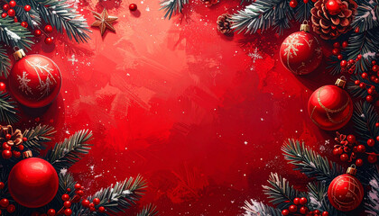 Top-down view of a red Christmas background with baubles, pine branches and berries forming a festive frame, perfect for holiday greeting cards, banners and seasonal ads.