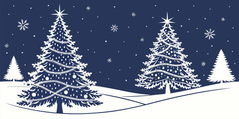Fototapeta premium Three Christmas trees in a snowy field, adorned with white stars, beneath a night sky with countless small stars and one large, bright star.