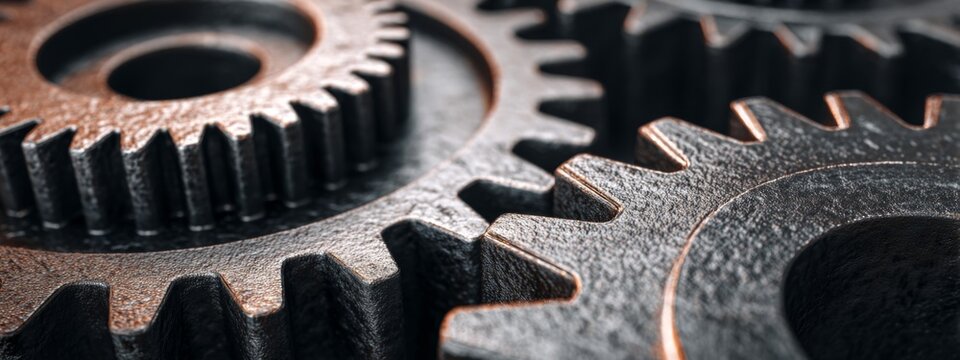 Detailed Macro Shot of Interlocking Steel Gears with Textured Coating for Industrial or Mechanical Themes