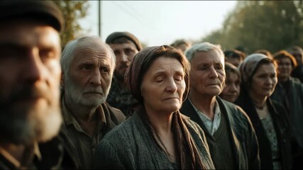 Crowd gathers for an important event in a rural town during the evening