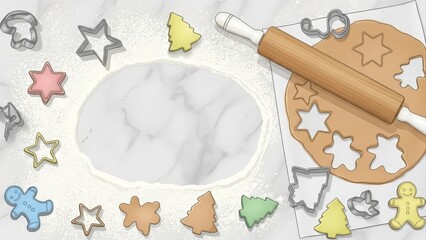 Overhead view of cookie dough, rolling pin, and various cookie cutters for baking holiday treats.