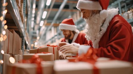 Santa Claus workshop: busy elves in warehouse packing holiday gifts - Powered by Adobe