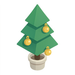Isometric Christmas Tree Decorated With Yellow Baubles In White Pot Isolated On Transparent Background Icon For Winter Holiday Season New Year Celebration Vector