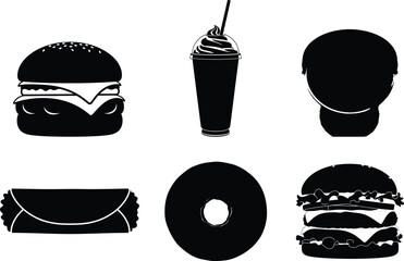 Monochrome fast food icons burger milkshake headphones sandwich donut