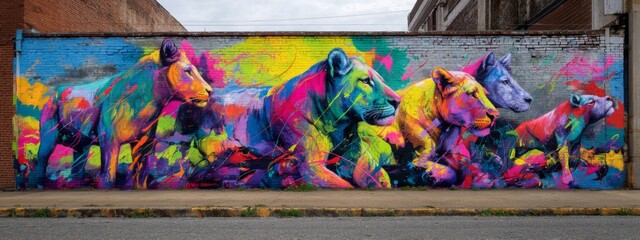 Naklejka premium Vibrant Abstract Mural Depicting Colorful Animal Figures on Urban Street Wall