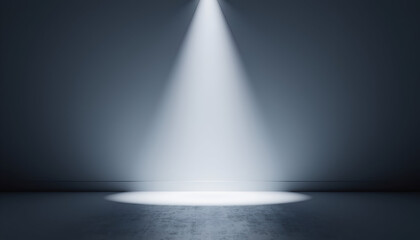 A Single Bright Spotlight Illuminates a Dark Stage Floor with Textured Concrete and a Faint Shadow on the Seamless Gray Wall Creating a Dramatic Spotlight Effect