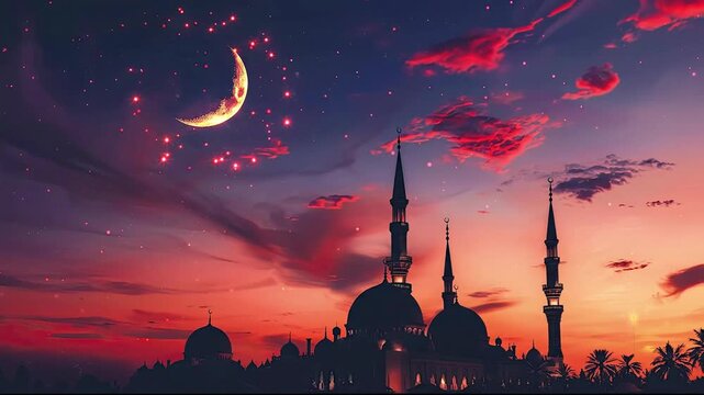 A mosque silhouetted against a vibrant sunset sky with a crescent moon and glowing red stars illuminating the transition from dusk to night