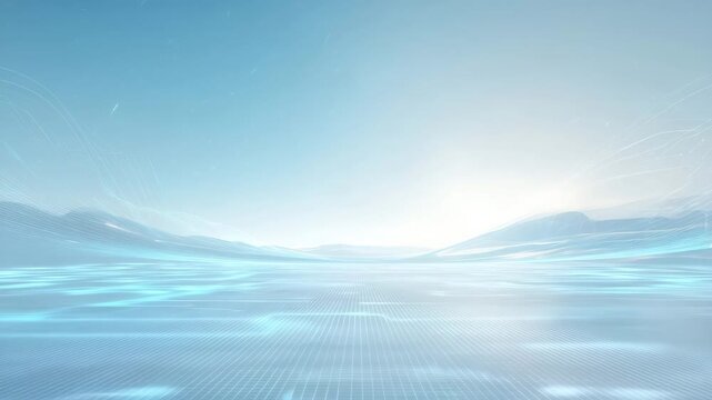 Futuristic digital landscape with glowing grid and bright horizon