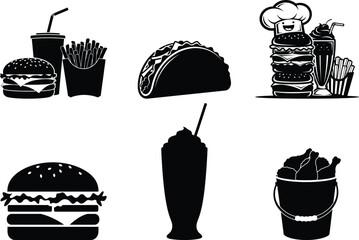 Hand drawn fast food icons in black and white