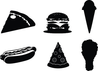 Black and white food icons pizza burger ice cream and hotdog