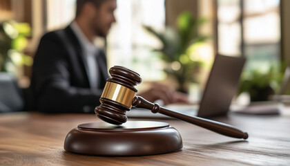 Judge gavel on table in lawyer office. Law and digital legal advice icons on laptop screen. Concept of digital online justice and legal