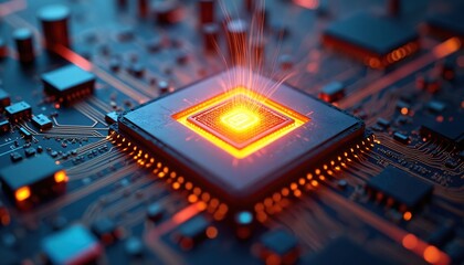 Macro photo of computer processor with glowing core. Tech background with circuit board electronic elements and bright orange light. Abstract digital art illustration for tech topics.