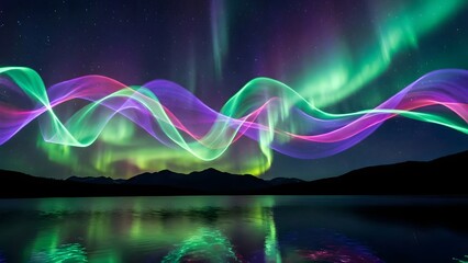 Neon aurora over mountain lake
