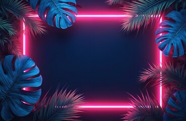 Obraz premium Tropical leaves in blue, green illumination. Neon pink lights form frame. Dark background with exotic palm trees, monstera leaves. Creative space for text, design elements. Modern graphic