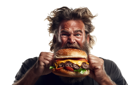 Hungry Man Eating Big Burger on transparent background - Powered by Adobe