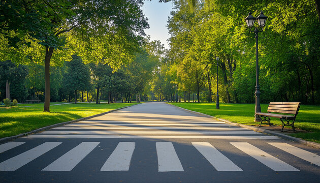 Pedestrian zebra crossing on asphalt road with green park area and trees. Crosswalk marking signals safe street passage for walkers and