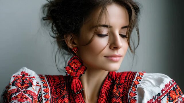 Ukrainian woman poses in traditional clothing with detailed embroidery in a bright setting