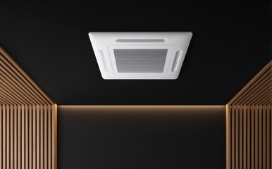 Modern ceiling air conditioner system in sleek interior design. Black wall, wood paneling, and warm ambient light create sophisticated, calm, and comfortable atmosphere