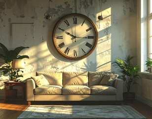 A wall clock spins backward, distorting time and casting strange shadows across a living room.