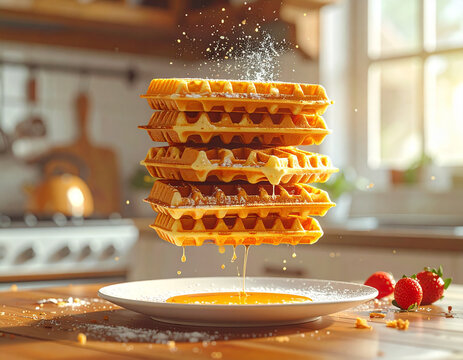 A stack of Eggo waffles floats above a kitchen table, defying gravity in a surreal breakfast scene.
