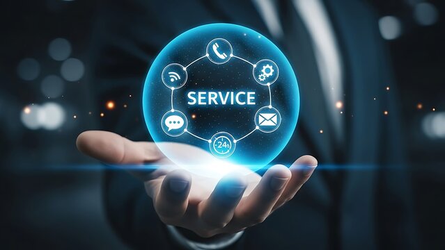 Businessman presenting a digital service concept with holographic icons in hand - Powered by Adobe