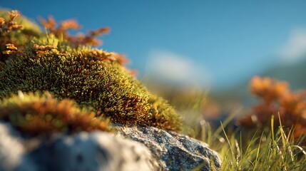 Sunlit moss and grasses on a rock, blurred background shows nature's detail